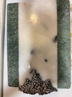 Arthur Court Green  and White Marble Tray with Decorative Metal Grape Accent